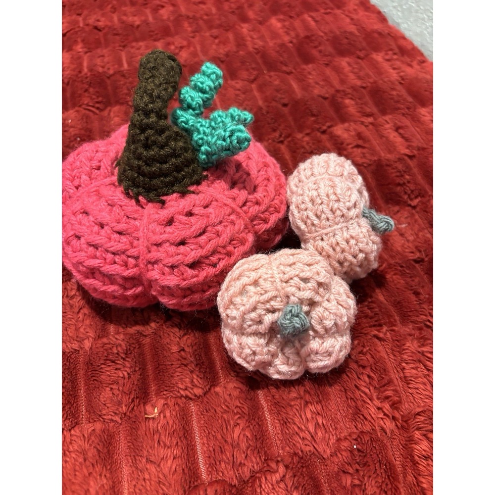 Handmade Crochet Trio Pink Pumpkins 1-Dark Pink 6x5 2-Lt Pink 3" Harvest Decor